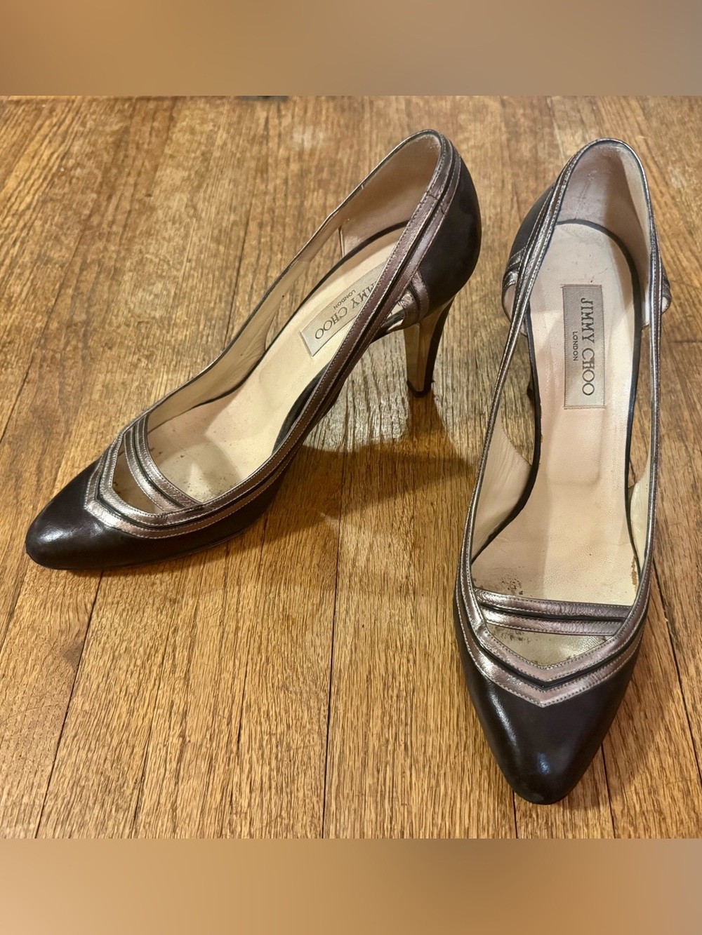 Jimmy Choo Black and Silver Pointed Toe Leather Heels - 40.5
